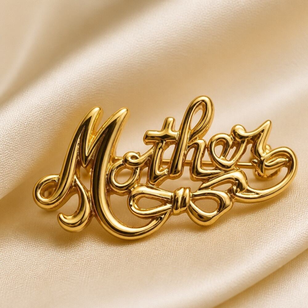 Vintage 1980s High-Polish Gold Plated  Script "Mother" Bow Brooch Pin